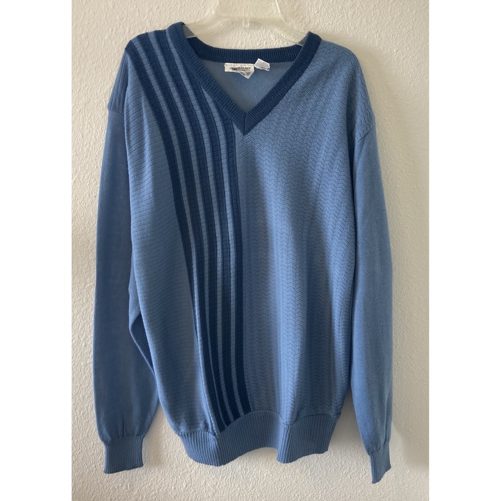 Vintage 70s Sweater Size XL  Justin Blake Blue V-Neck Grandpa Sweater MCM Stripe